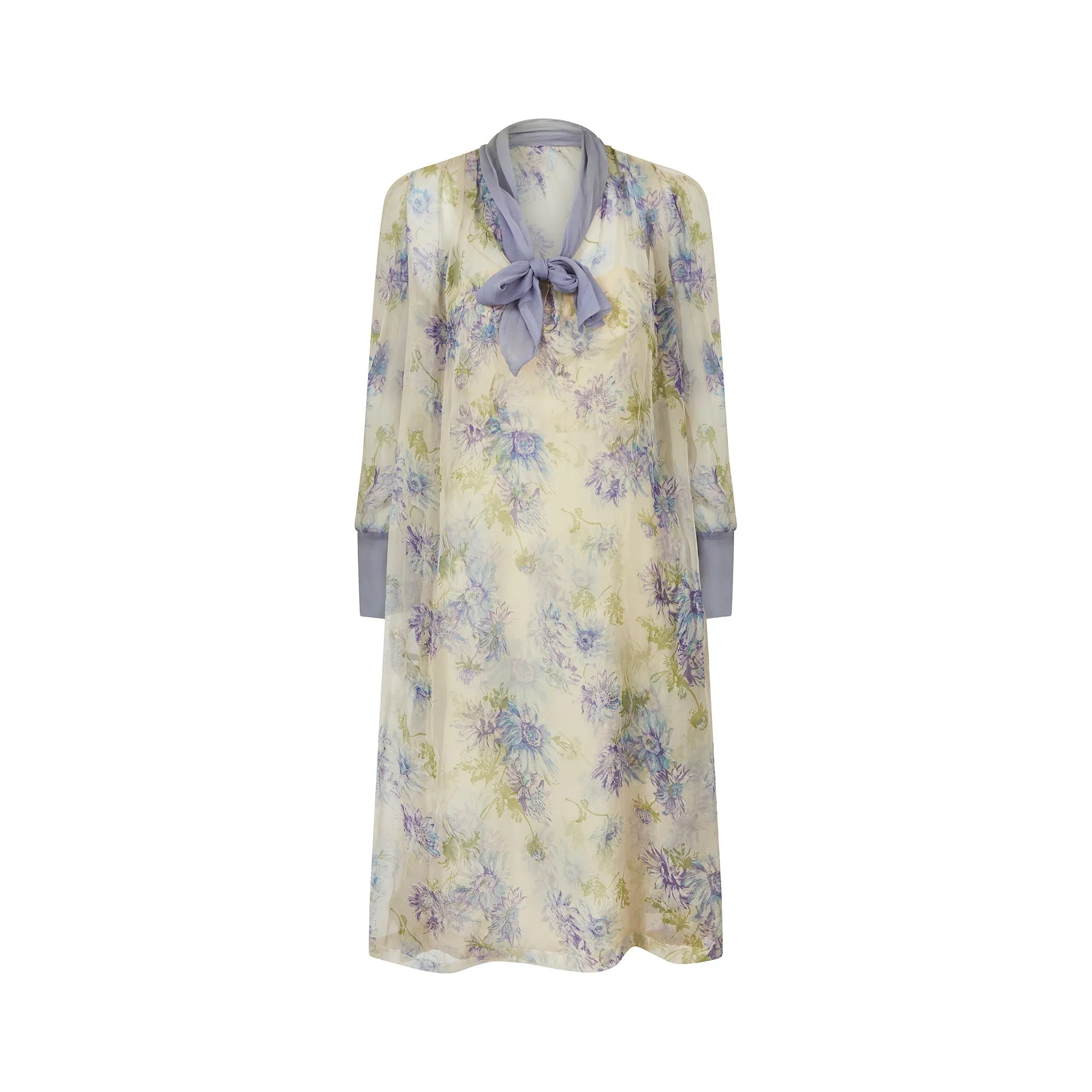 1960s Lilac and Cream Floral Silk Dress Ensemble