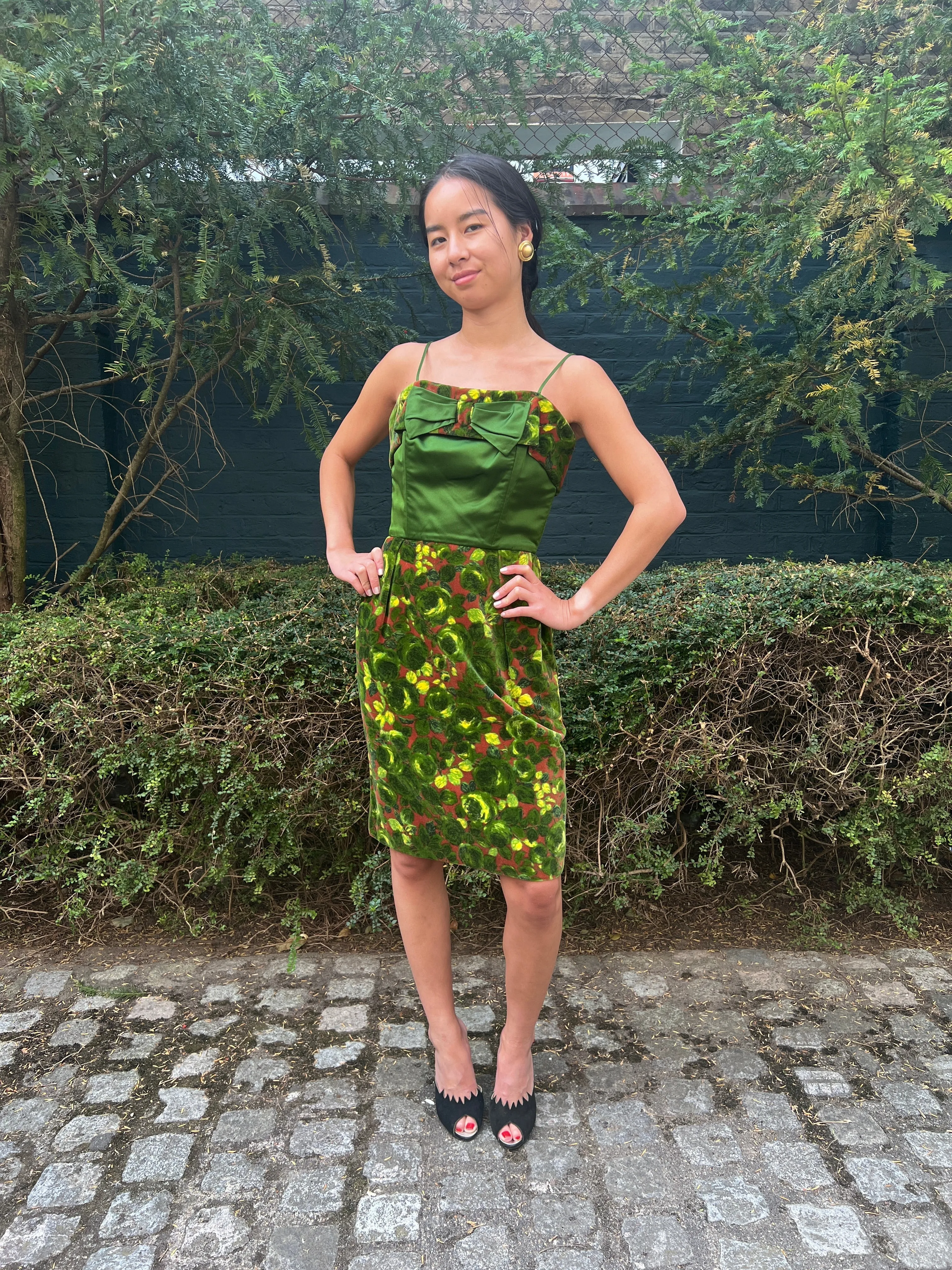 1960s Velvet and Green Satin Rose Print Dress