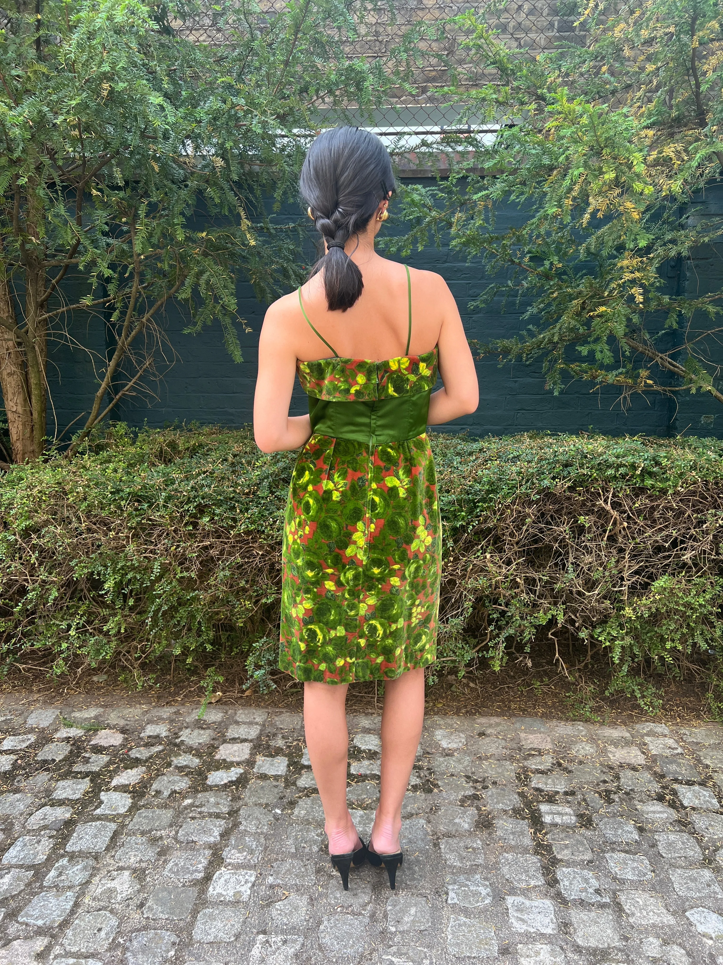 1960s Velvet and Green Satin Rose Print Dress