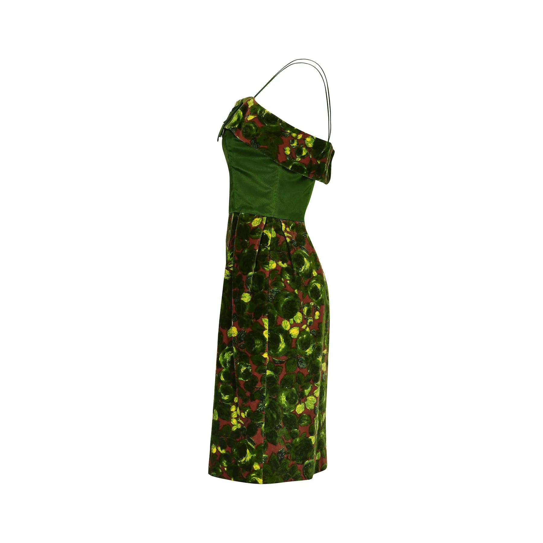 1960s Velvet and Green Satin Rose Print Dress