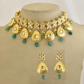 21A121 Gold Plated Kundan Necklace Set with Green Stones