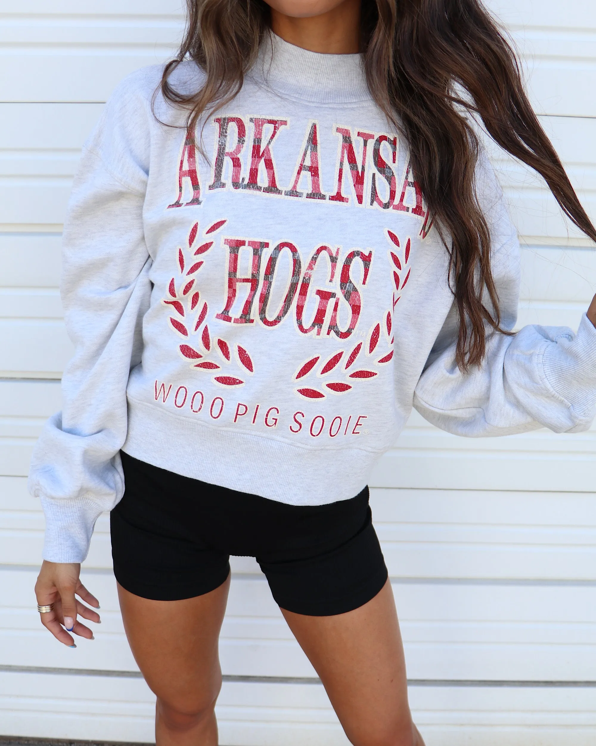 Arkansas Razorbacks Plaid Crest Gray Mock Neck Cropped Sweatshirt