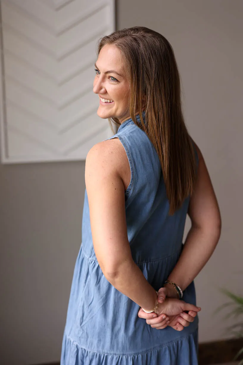 Blue Chambray Sleeveless Tiered Maxi Dress