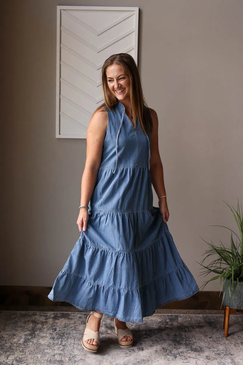 Blue Chambray Sleeveless Tiered Maxi Dress