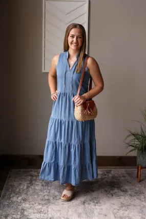 Blue Chambray Sleeveless Tiered Maxi Dress