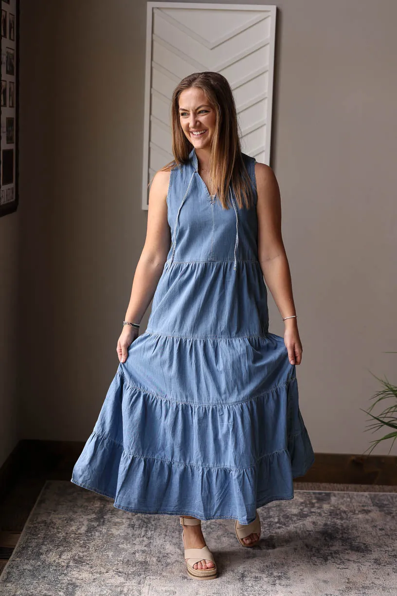 Blue Chambray Sleeveless Tiered Maxi Dress