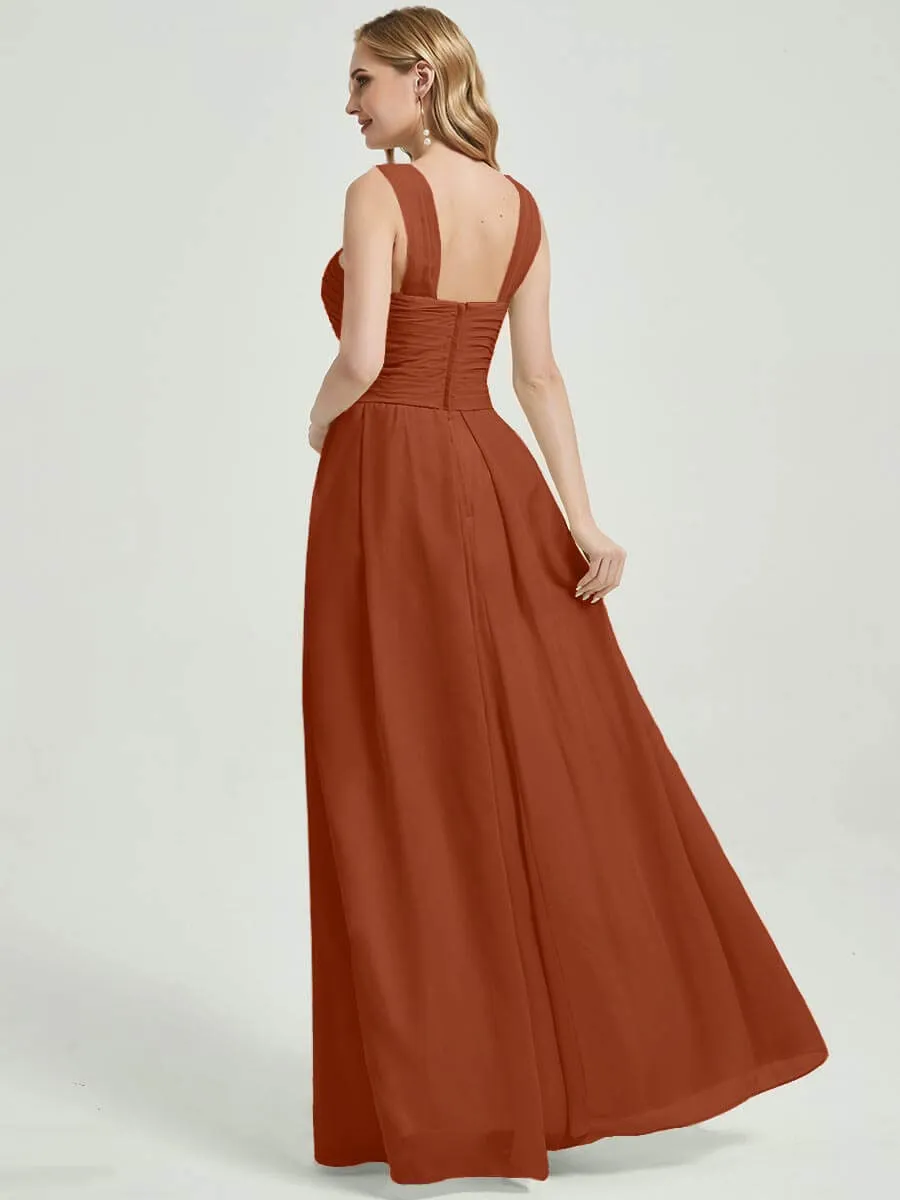 Burnt Orange Cross Neck A-Line Floor Length Chiffon Bridesmaid Dress