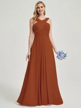 Burnt Orange Cross Neck A-Line Floor Length Chiffon Bridesmaid Dress