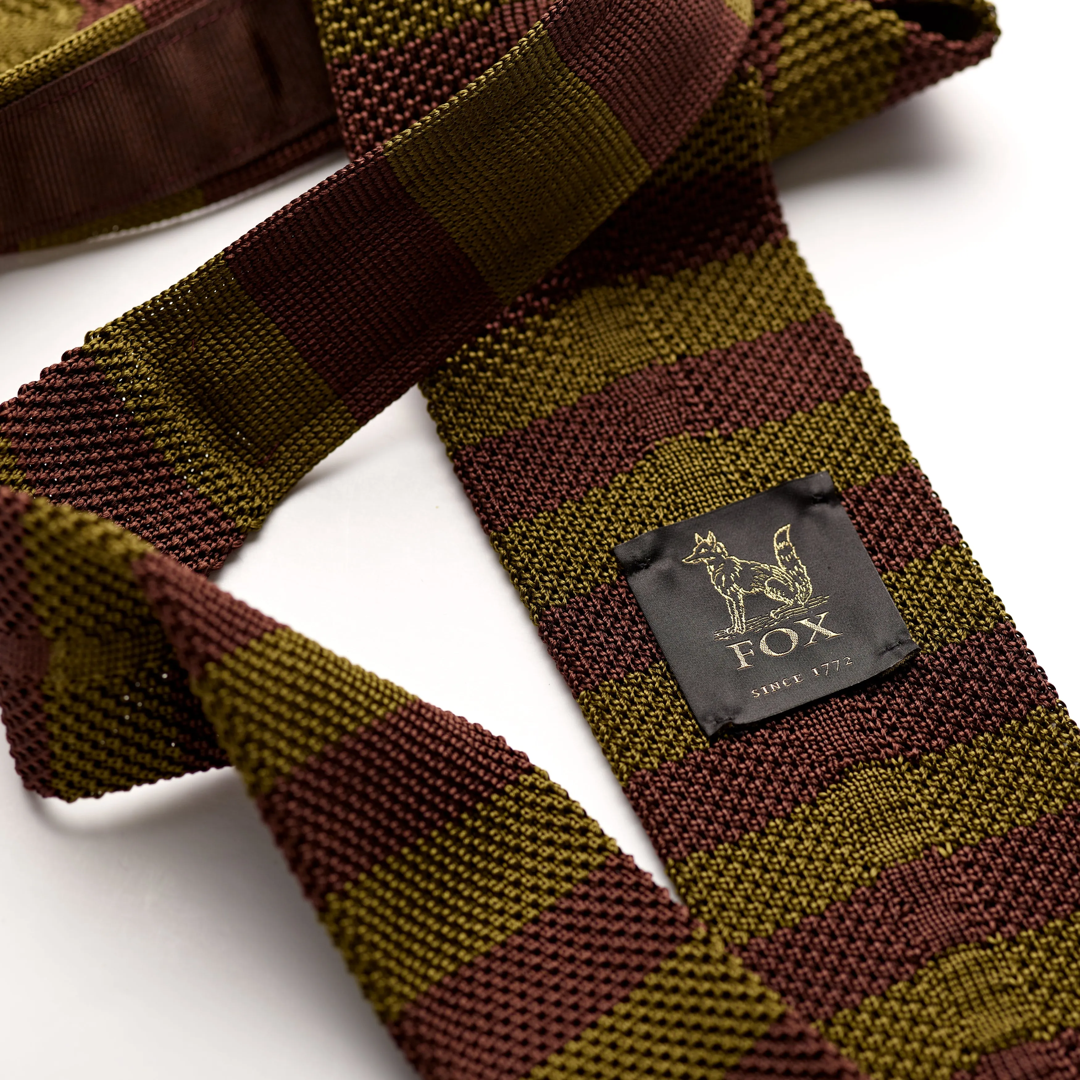 Chocolate Brown and Khaki Green Silk Stripe Knitted Tie