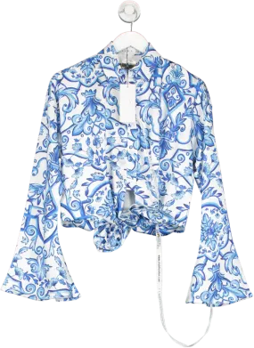 Club L White Marisela Porcelain Print Satin Flared Sleeve Cropped Shirt UK 6