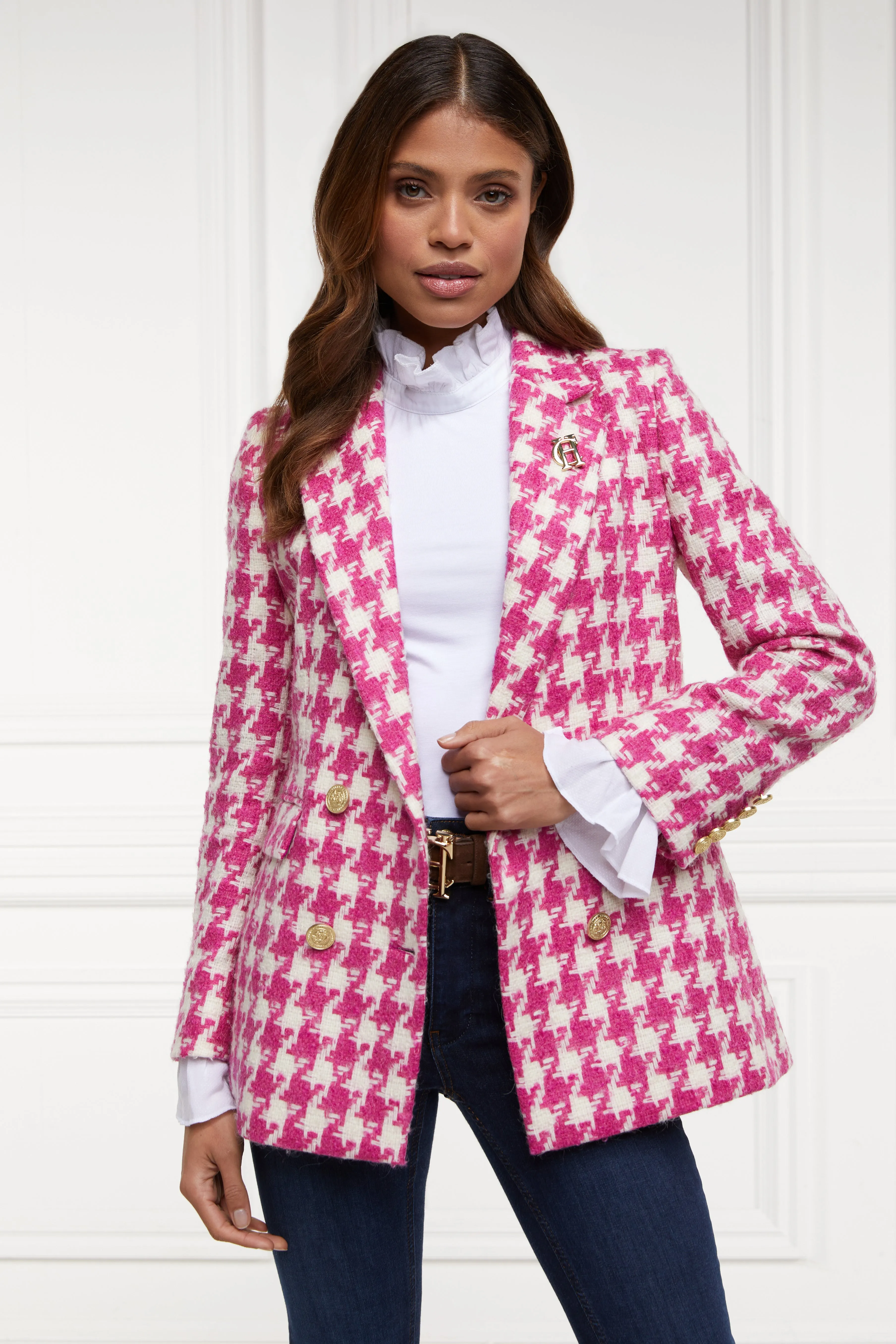 Double Breasted Blazer (Hot Pink Large Scale Houndstooth)