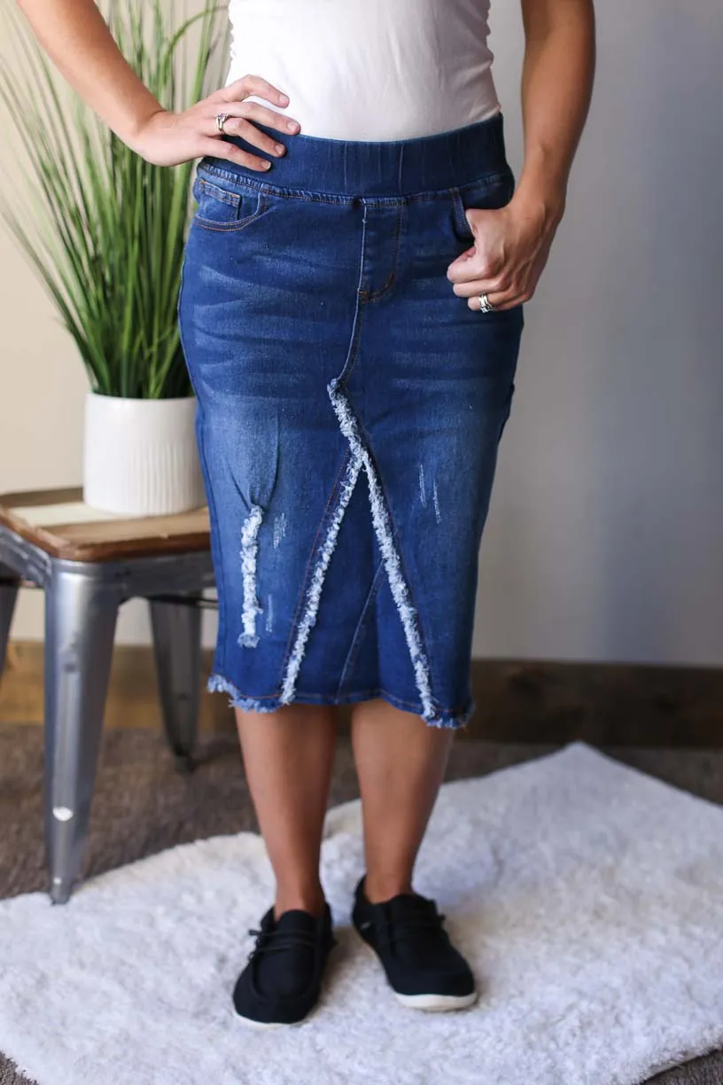 Elastic Waist Fray Stretch Denim Skirt • XS