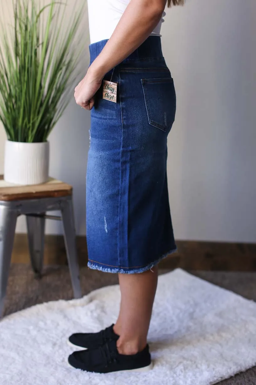 Elastic Waist Fray Stretch Denim Skirt • XS