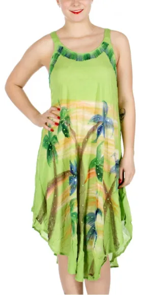 Hand Printed Palm Tree Umbrella Dress Casual Fit Boho Chic