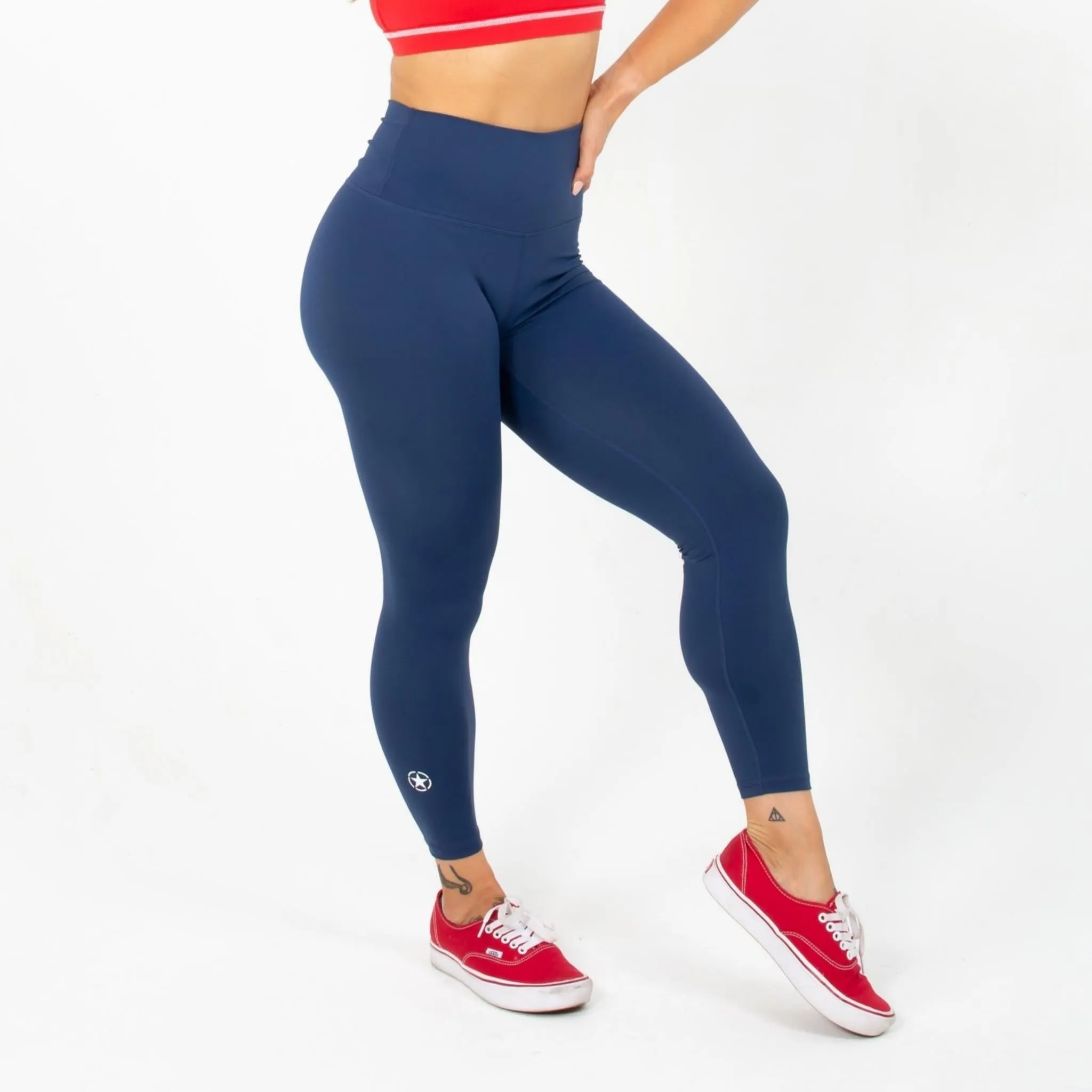 High Waist Ankle Length Leggings - Navy Blue