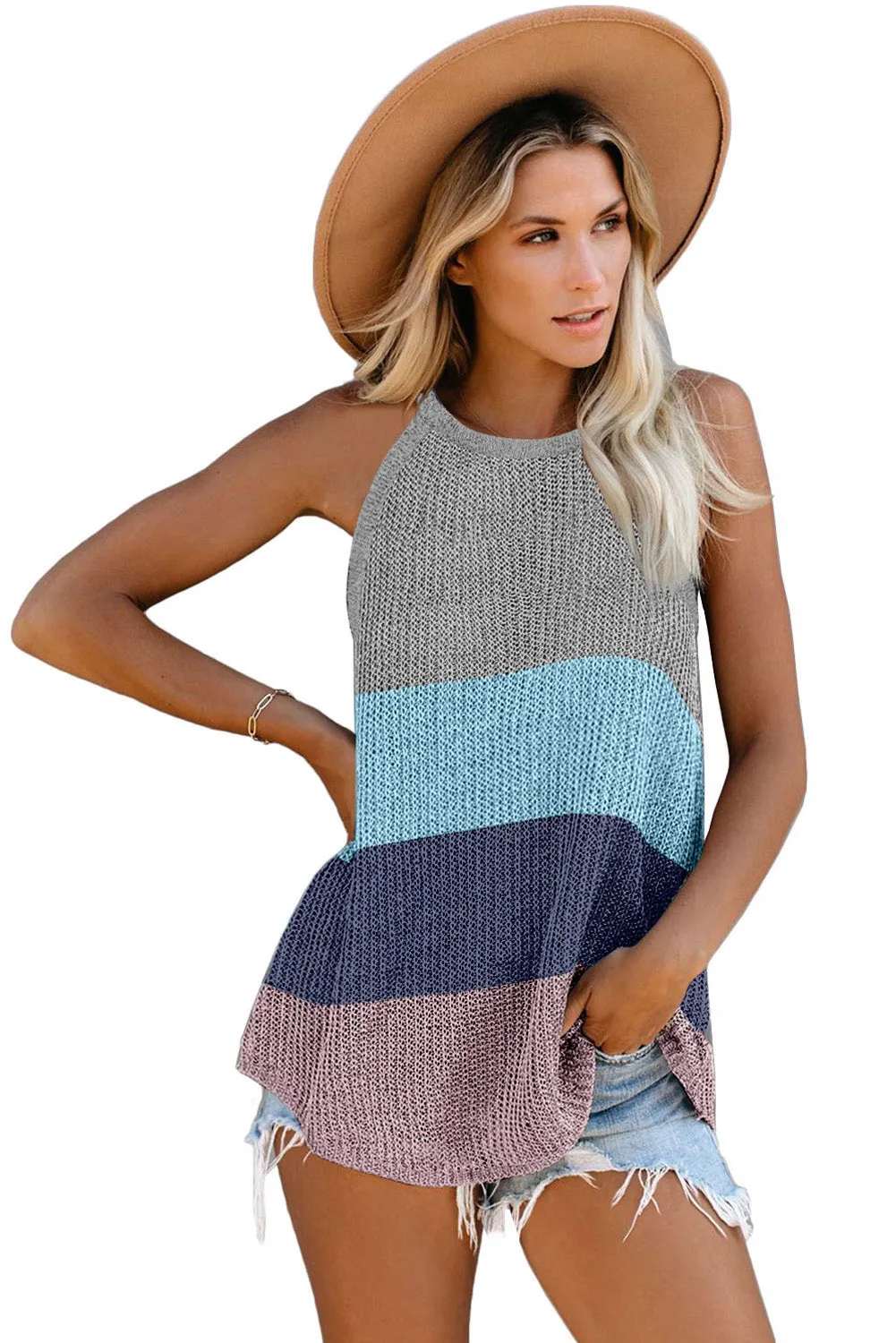 Knitted Tank Top Women's Color Block Striped Knit Top