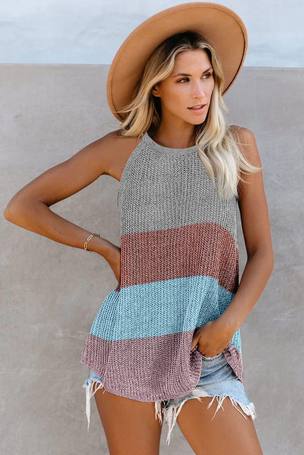 Knitted Tank Top Women's Color Block Striped Knit Top