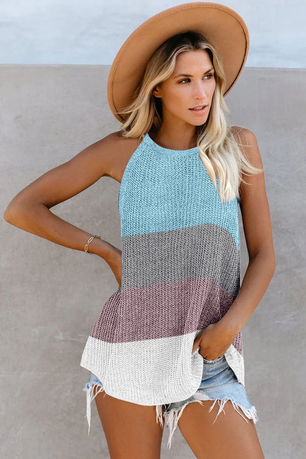 Knitted Tank Top Women's Color Block Striped Knit Top