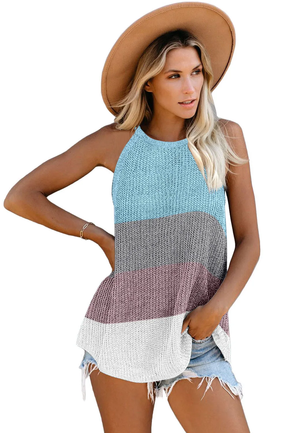 Knitted Tank Top Women's Color Block Striped Knit Top