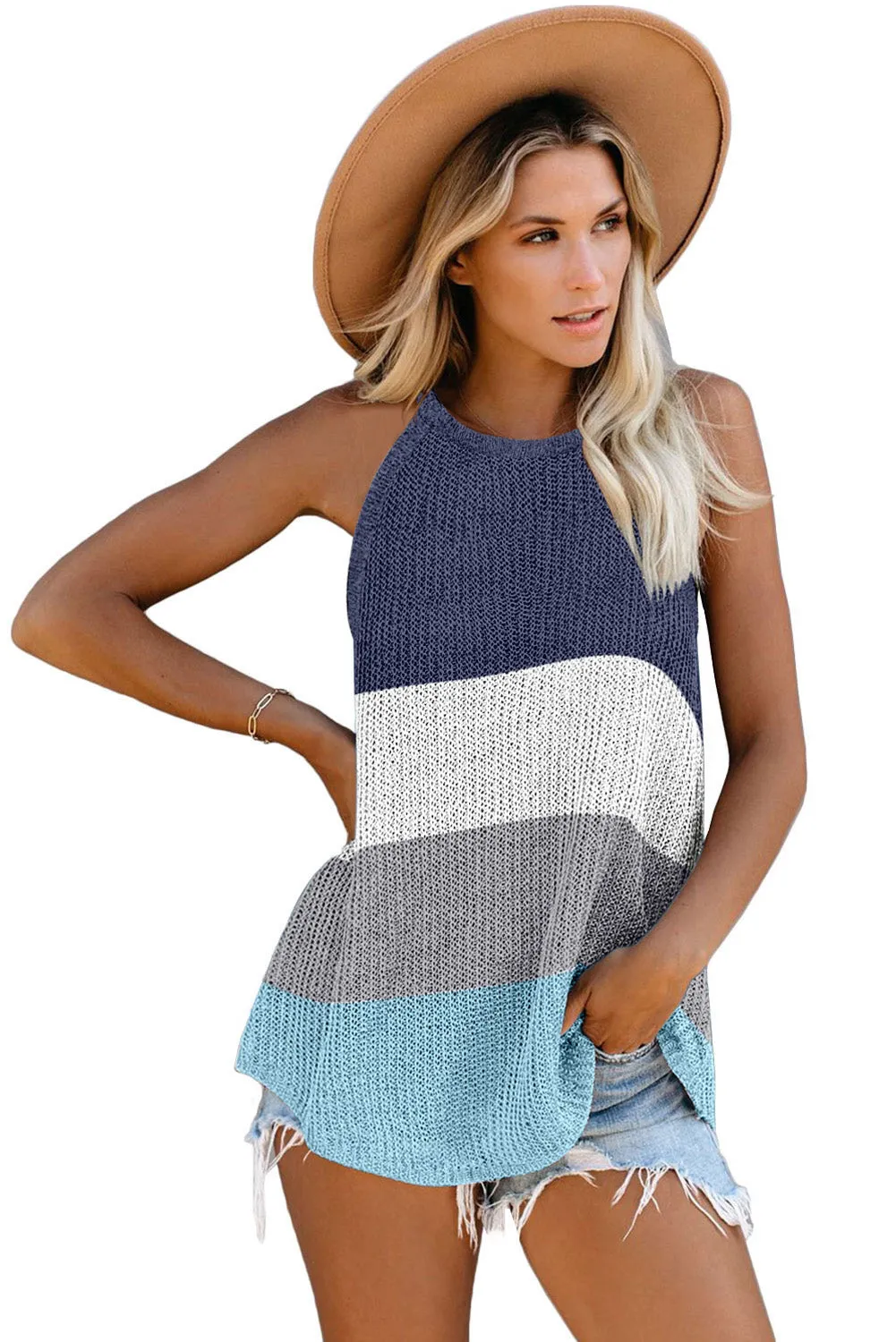 Knitted Tank Top Women's Color Block Striped Knit Top