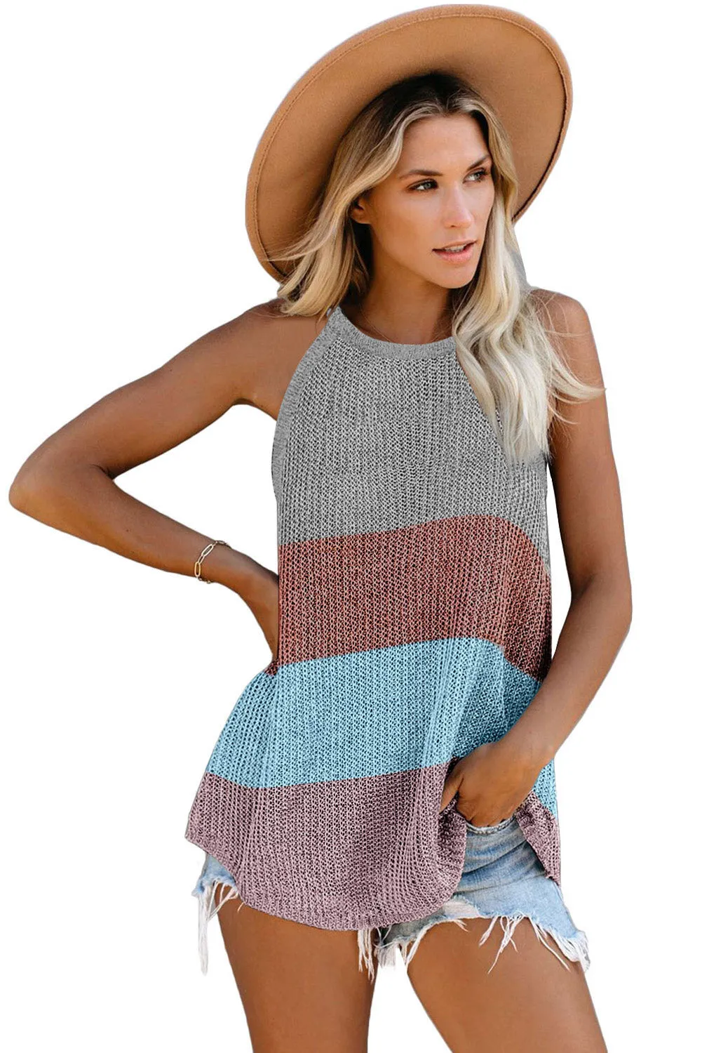 Knitted Tank Top Women's Color Block Striped Knit Top