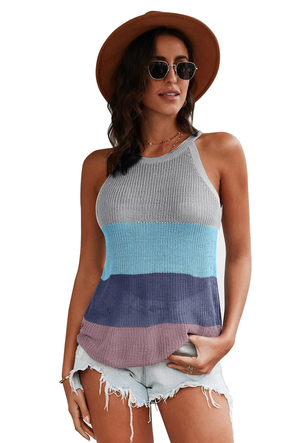 Knitted Tank Top Women's Color Block Striped Knit Top