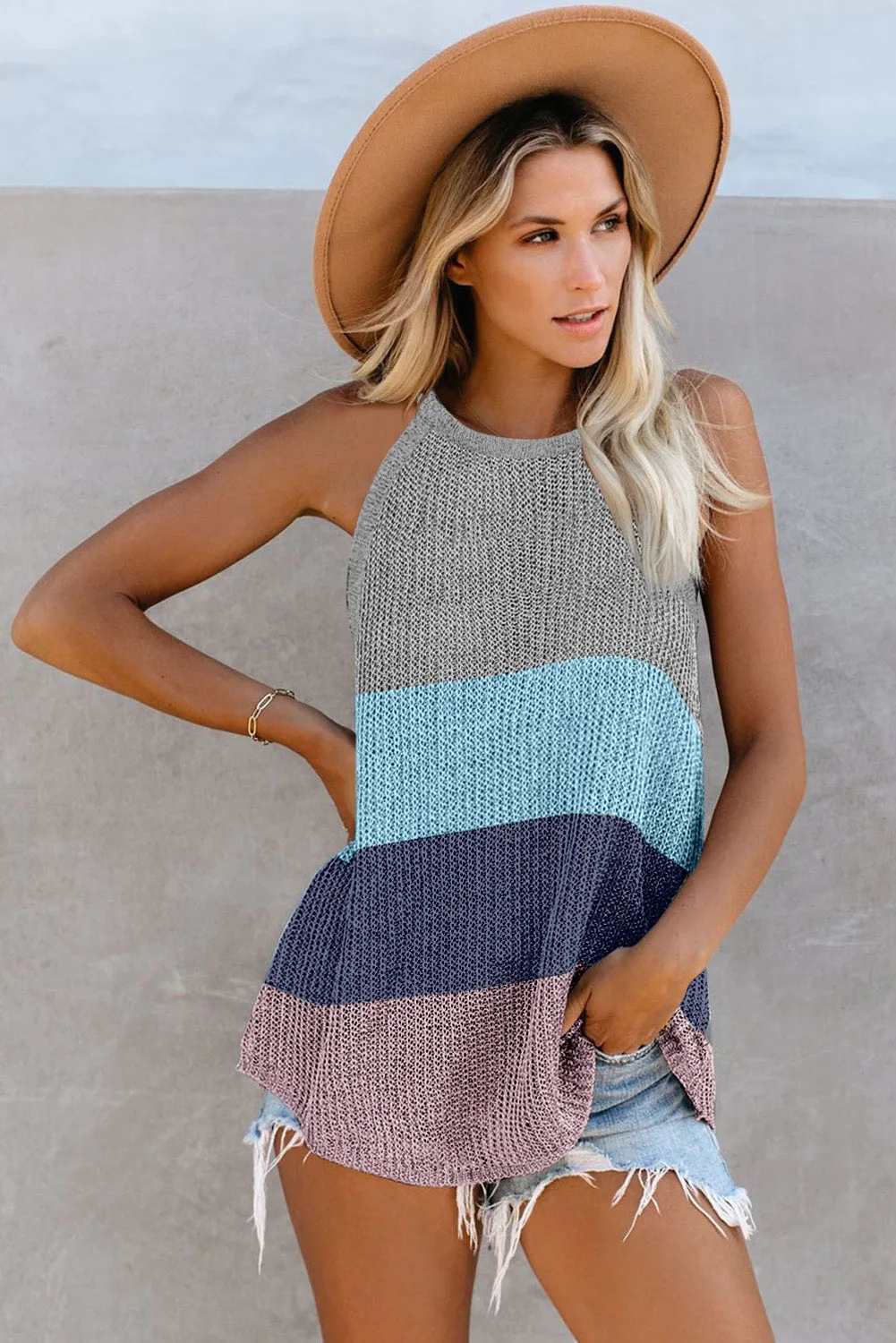 Knitted Tank Top Women's Color Block Striped Knit Top