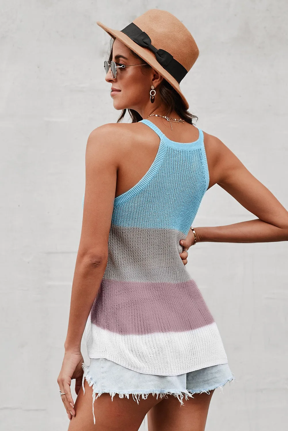 Knitted Tank Top Women's Color Block Striped Knit Top