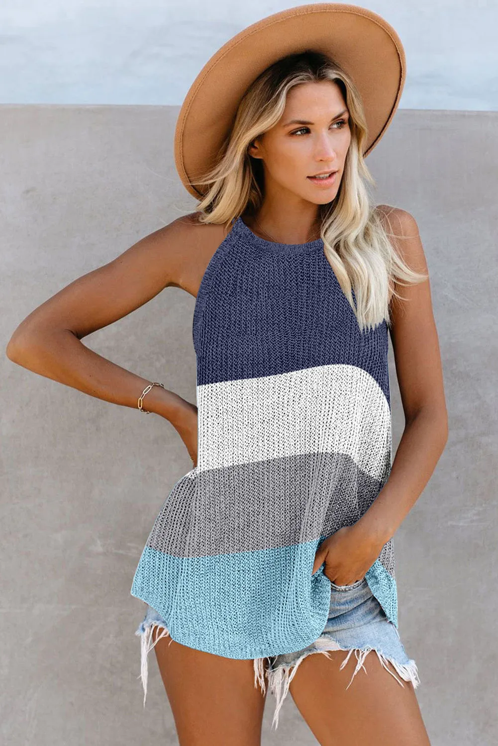 Knitted Tank Top Women's Color Block Striped Knit Top