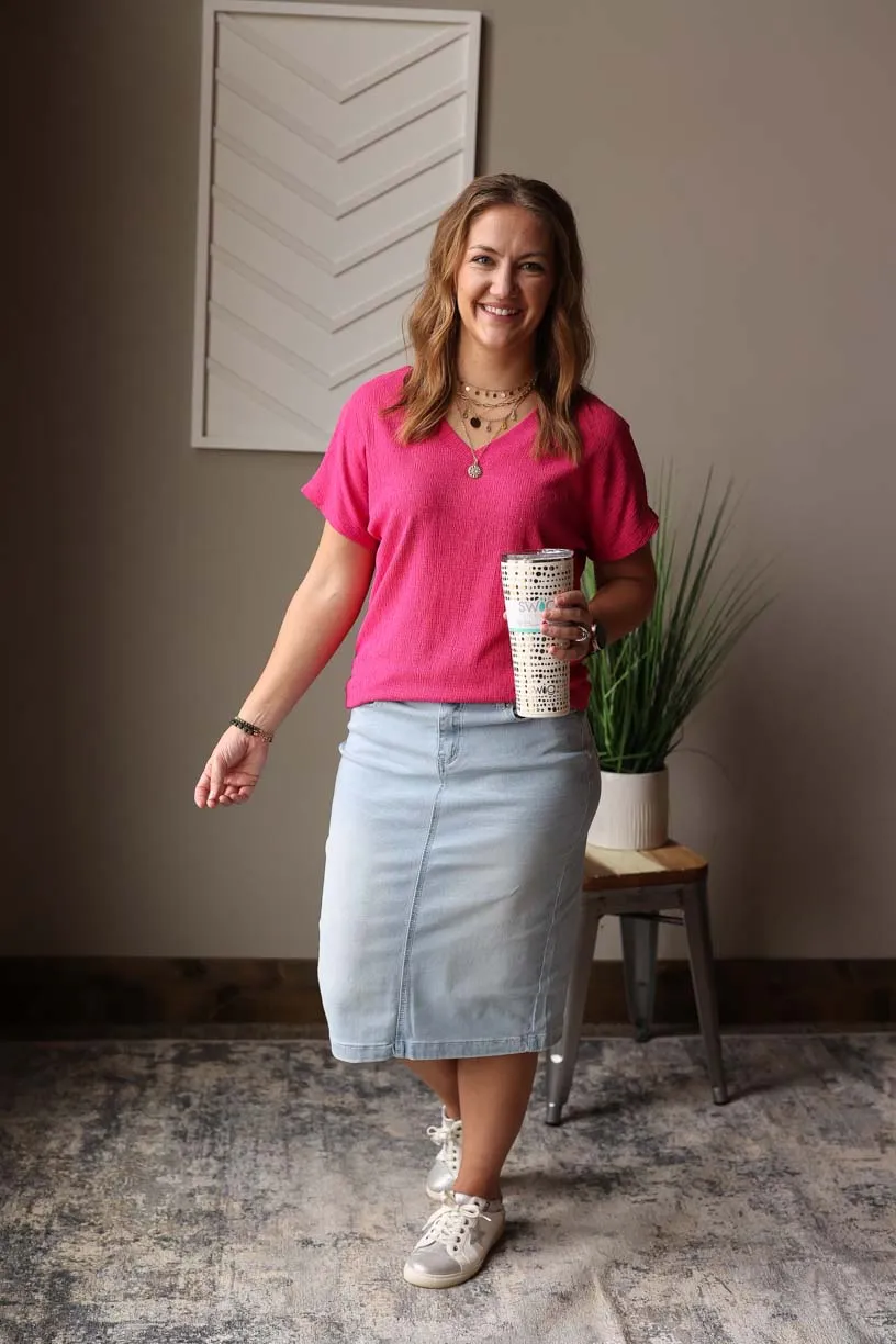 Magenta Crinkle V-Neck Top