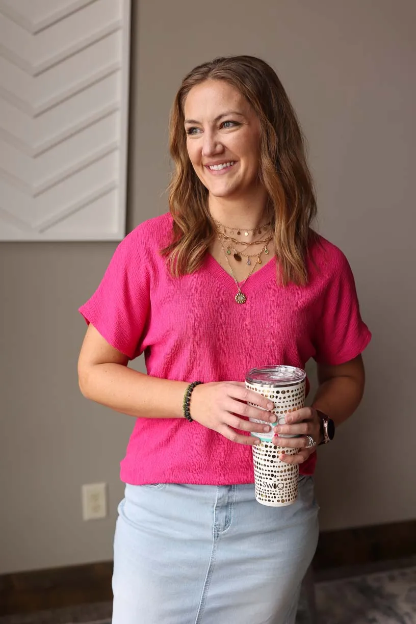 Magenta Crinkle V-Neck Top