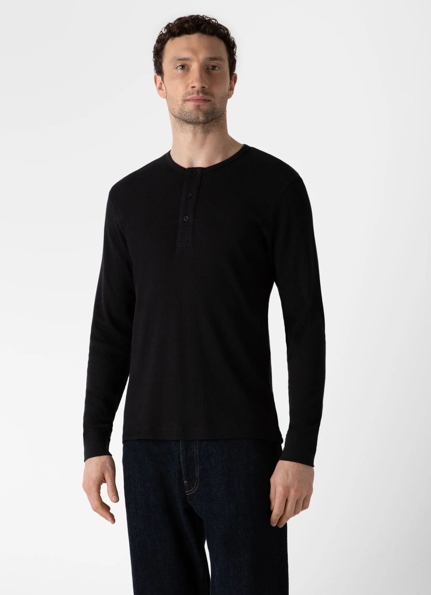 Men's Long Sleeve Waffle Henley in Black