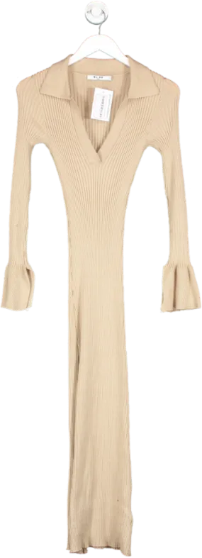 NA-KD Beige Rib Knitted Trumpet Sleeve Dress UK S