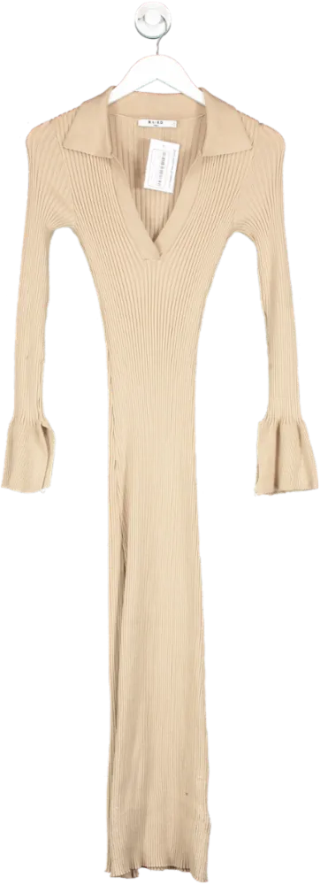 NA-KD Beige Rib Knitted Trumpet Sleeve Dress UK S