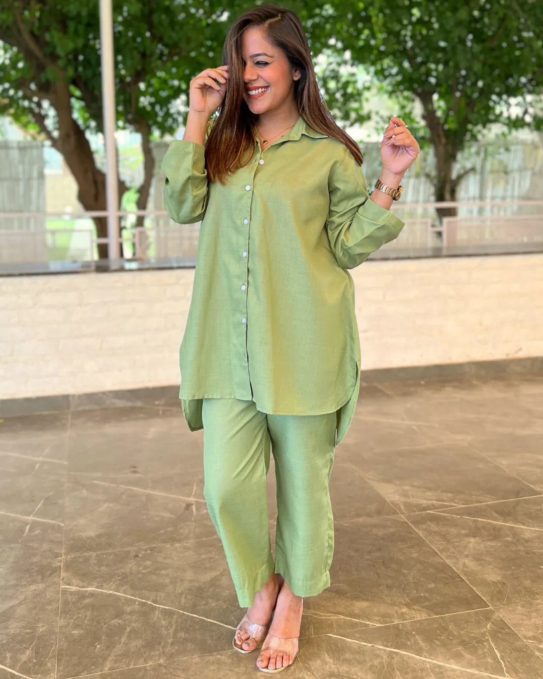 Pistachio Green Solid Aline Cotton Slub Shirt