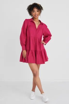 Valley Raspberry Ls Shirt Style Tiered Mini Dress