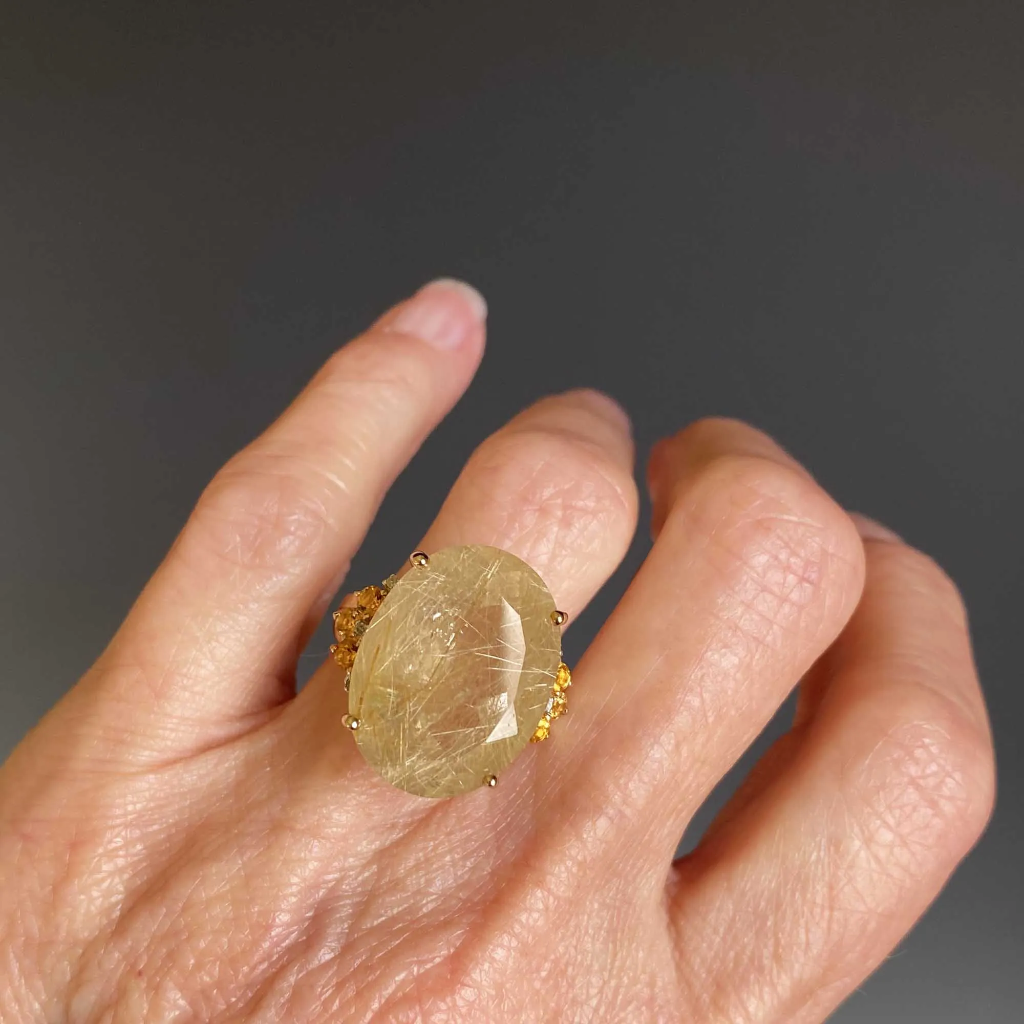 Vintage 15 CTW Rutilated Quartz Diamond Citrine Ring