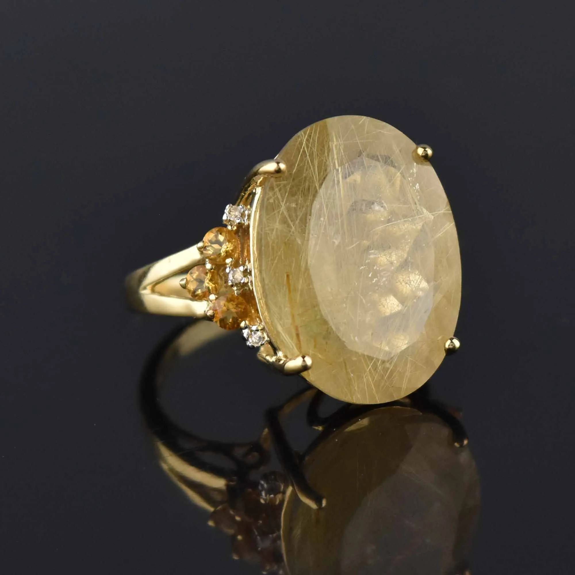 Vintage 15 CTW Rutilated Quartz Diamond Citrine Ring